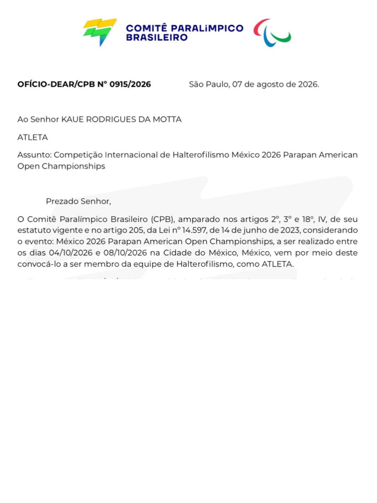 Halterofilista Kaue Motta é convocado para a seleção brasileira e fará estreia no México