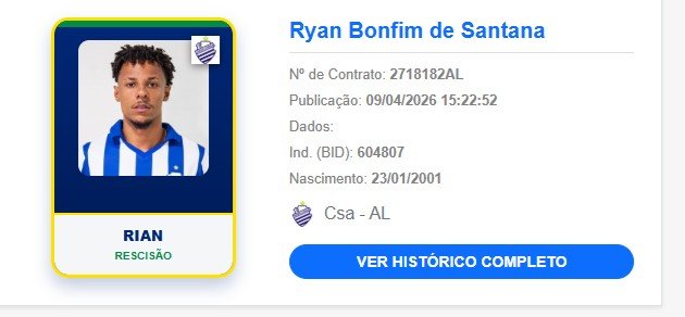 Rescisão de Rian Santana e Matheus Melo com o CSA é publicada no BID