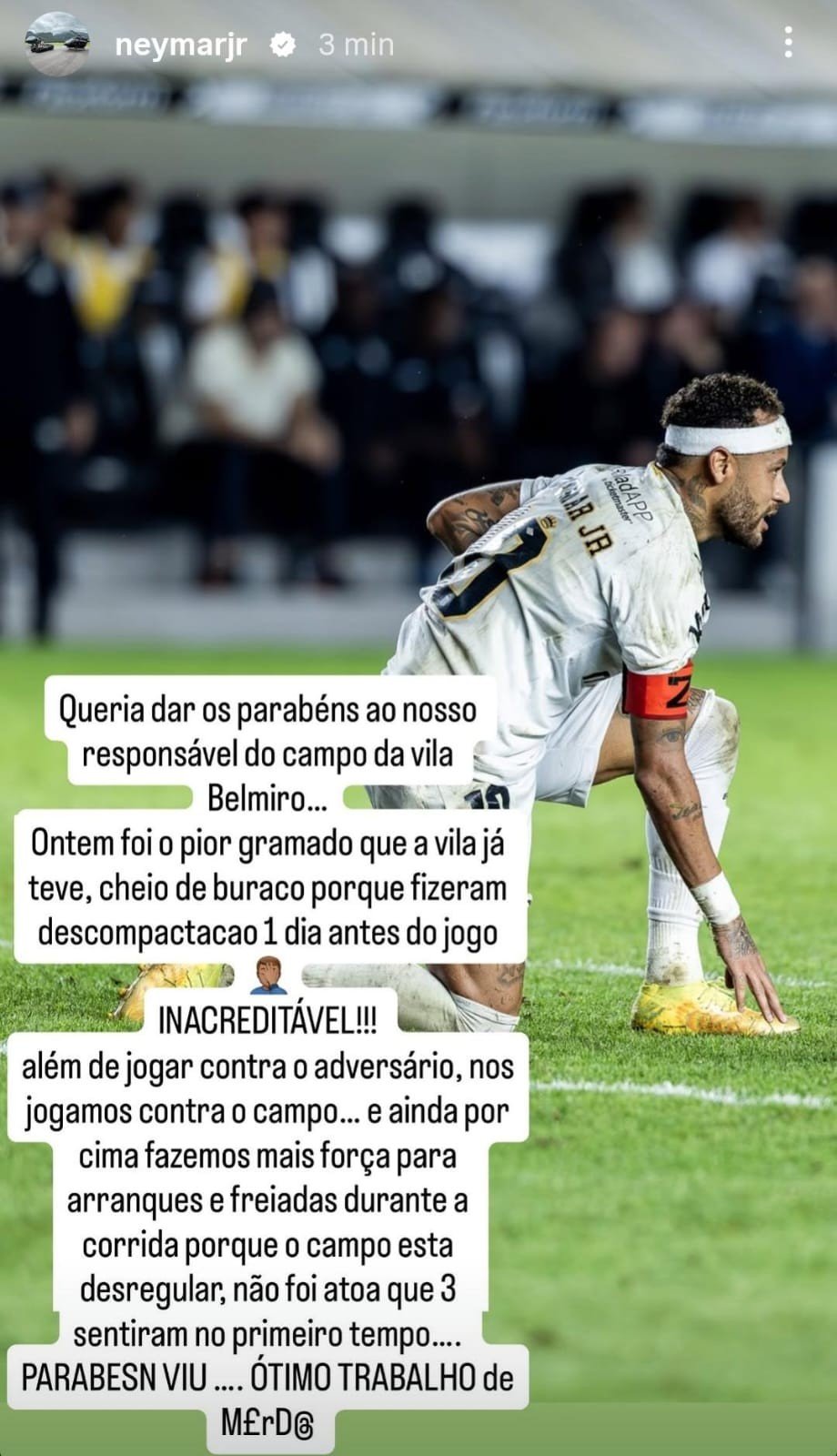 Neymar lamenta incômodo na coxa direita e detona campo do Santos: “Pior gramado que a Vila já teve”