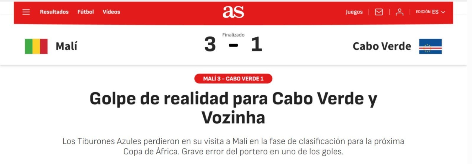 Jornal espanhol destaca falha de Vozinha em derrota de Cabo Verde: “Golpe de realidade”