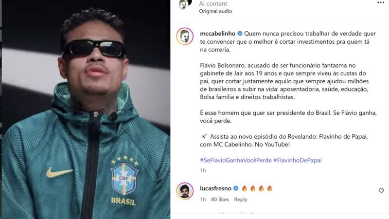 Meta derruba vídeo de MC Cabelinho sobre Flávio Bolsonaro às vésperas do 2º turno