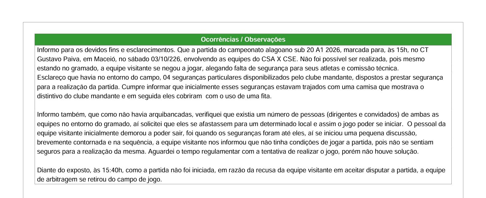 CSA e CRB na decisão: árbitro relata na súmula que CSE se recusou a disputar semifinal do Alagoano Sub-20