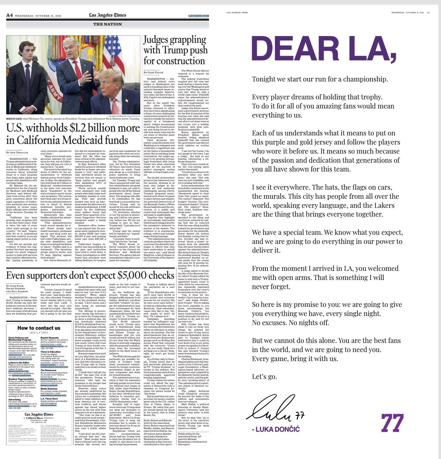 Doncic compra espaço em jornal para divulgar carta à torcida dos Lakers: “Vamos dar tudo de nós”
