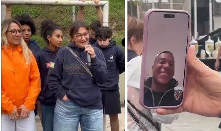 Mãe de Mbappé visita escola de São Paulo e faz chamada de vídeo com o craque