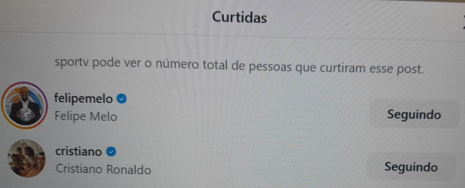 “Curtida” de Cristiano Ronaldo em postagem com fala de Felipe Melo repercute em Portugal