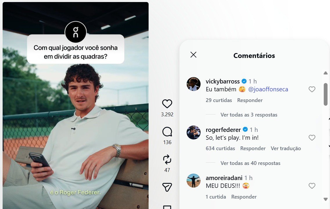 João Fonseca diz que sonha jogar com Federer, e suíço responde: “Estou dentro”
